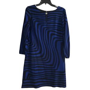 Tahari Arthur S Levine Blue Black Swirl Print Zipper Neck Shift Dress Size 10